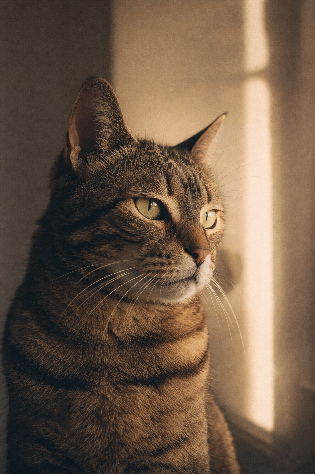An adult tabby cat sitting in warm window light, looking calmly toward the light